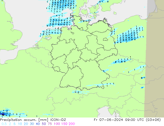 Precipitation accum. ICON-D2 Fr 07.06.2024 09 UTC