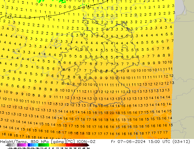 Height/Temp. 850 hPa ICON-D2  07.06.2024 15 UTC