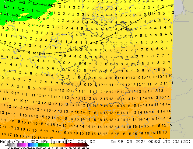 Height/Temp. 850 hPa ICON-D2 Sa 08.06.2024 09 UTC