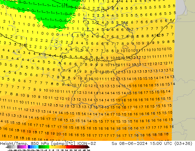 Height/Temp. 850 hPa ICON-D2 sab 08.06.2024 15 UTC