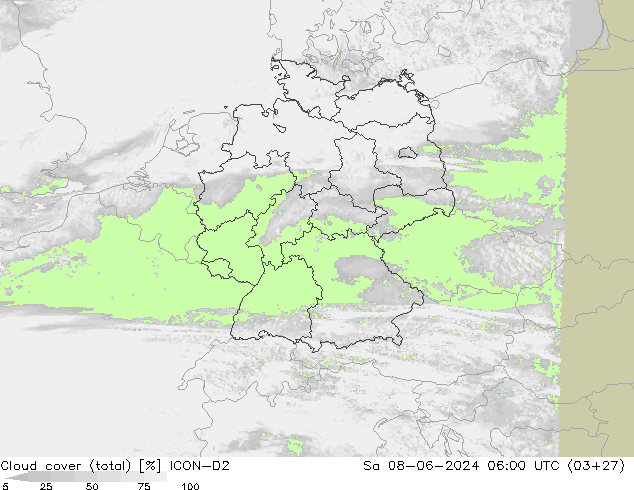 Cloud cover (total) ICON-D2 So 08.06.2024 06 UTC