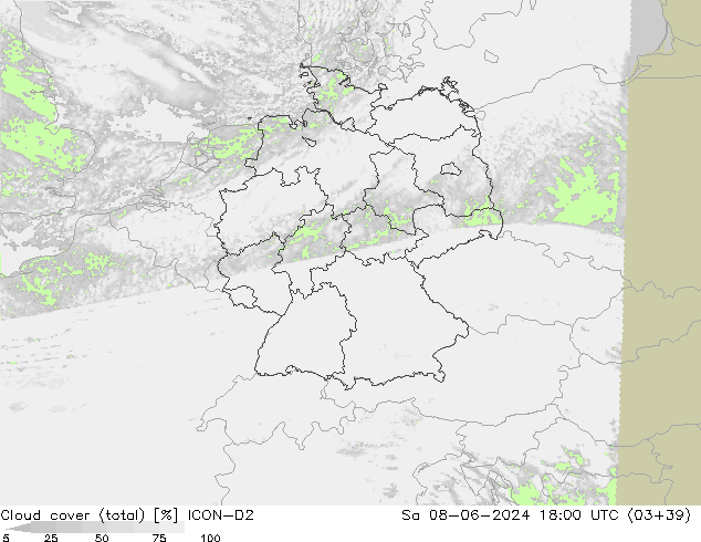 Cloud cover (total) ICON-D2 Sa 08.06.2024 18 UTC