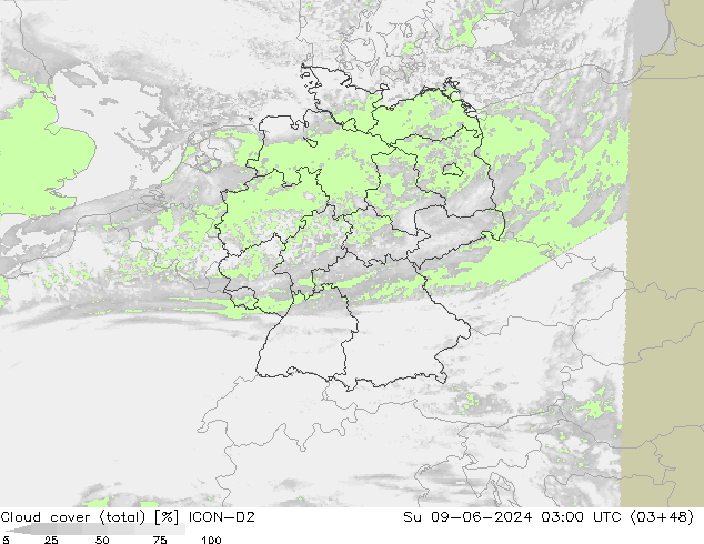 Cloud cover (total) ICON-D2 Ne 09.06.2024 03 UTC