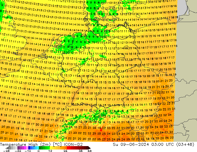 temperatura máx. (2m) ICON-D2 Dom 09.06.2024 03 UTC