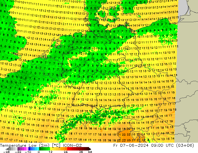Nejnižší teplota (2m) ICON-D2 Pá 07.06.2024 09 UTC