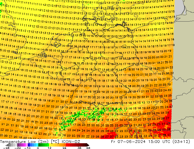 Temperatura mín. (2m) ICON-D2 vie 07.06.2024 15 UTC