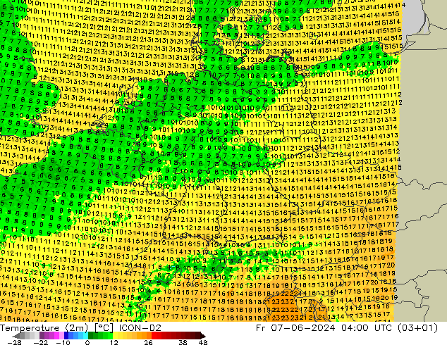 Temperaturkarte (2m) ICON-D2 Fr 07.06.2024 04 UTC