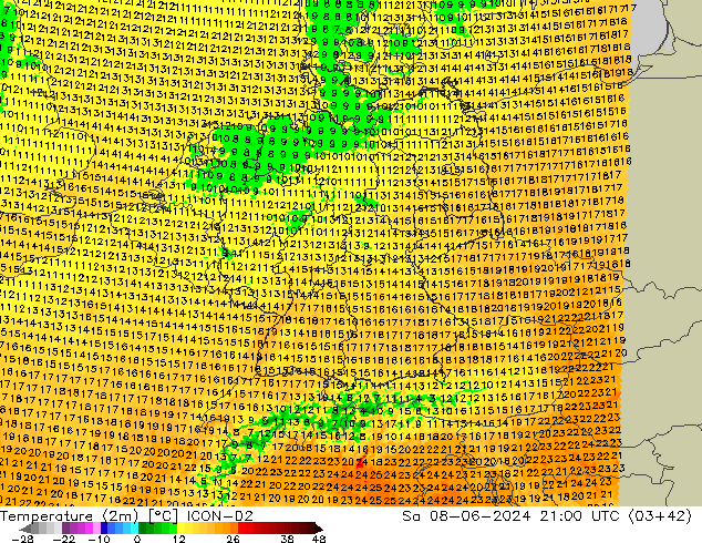 Sıcaklık Haritası (2m) ICON-D2 Cts 08.06.2024 21 UTC