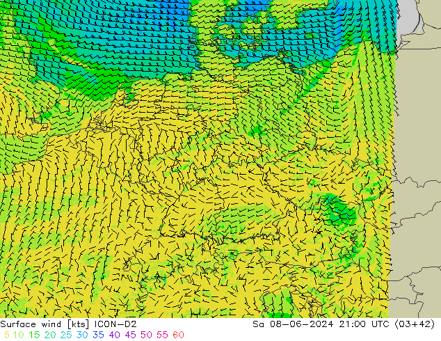 Surface wind ICON-D2 Sa 08.06.2024 21 UTC