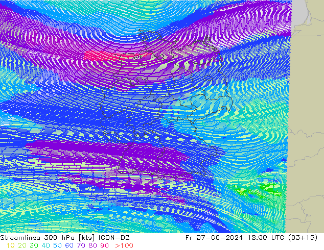 Linea di flusso 300 hPa ICON-D2 ven 07.06.2024 18 UTC