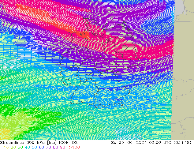 Linha de corrente 300 hPa ICON-D2 Dom 09.06.2024 03 UTC