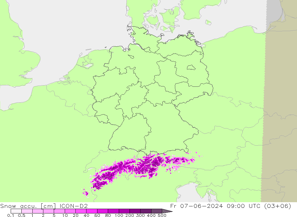 Schneemenge ICON-D2 Fr 07.06.2024 09 UTC