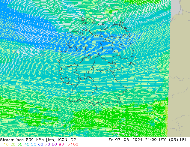 Línea de corriente 500 hPa ICON-D2 vie 07.06.2024 21 UTC