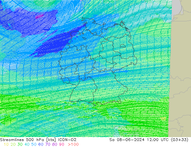 Streamlines 500 hPa ICON-D2 Sa 08.06.2024 12 UTC