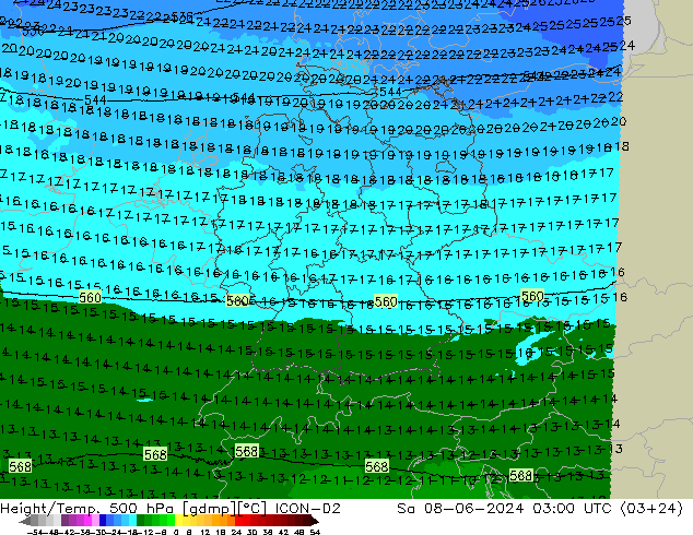 Height/Temp. 500 hPa ICON-D2 Sa 08.06.2024 03 UTC