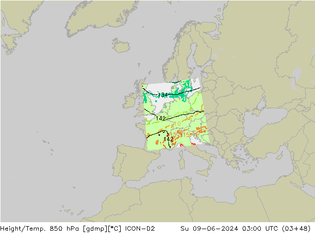 Hoogte/Temp. 850 hPa ICON-D2 zo 09.06.2024 03 UTC