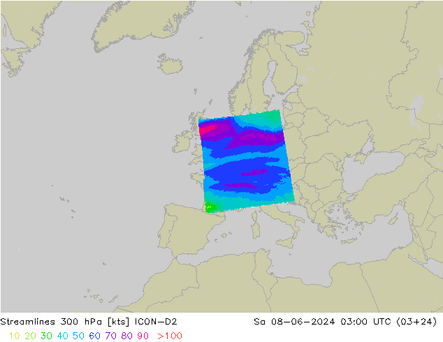 Rüzgar 300 hPa ICON-D2 Cts 08.06.2024 03 UTC