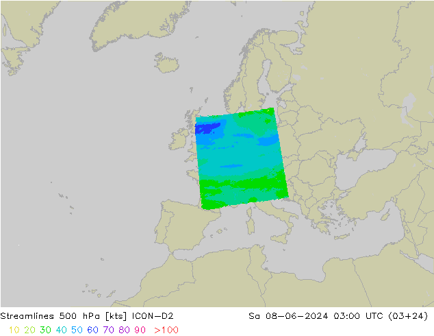 Ligne de courant 500 hPa ICON-D2 sam 08.06.2024 03 UTC