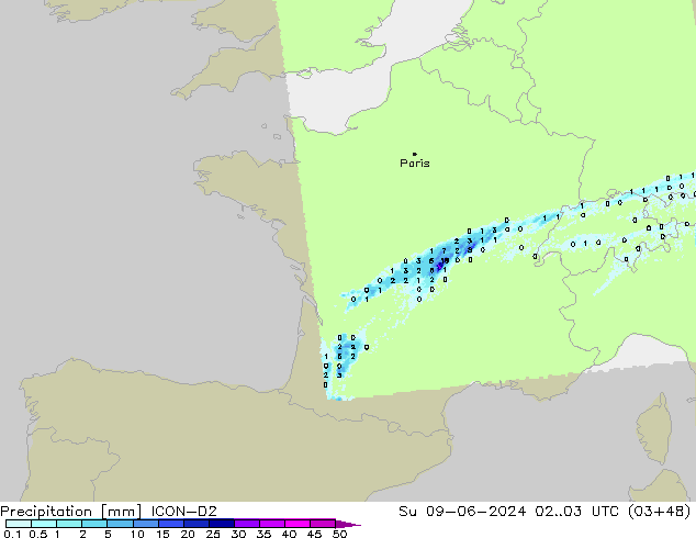 Neerslag ICON-D2 zo 09.06.2024 03 UTC