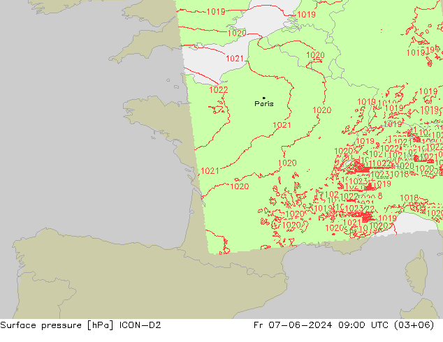 Surface pressure ICON-D2 Fr 07.06.2024 09 UTC