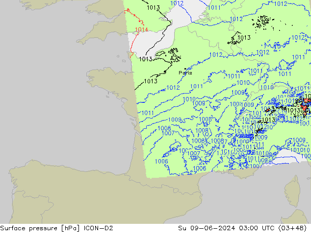 Atmosférický tlak ICON-D2 Ne 09.06.2024 03 UTC