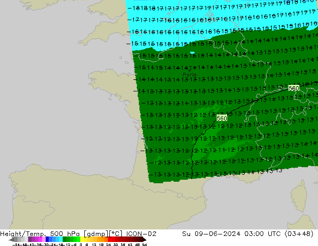 Height/Temp. 500 hPa ICON-D2 Su 09.06.2024 03 UTC