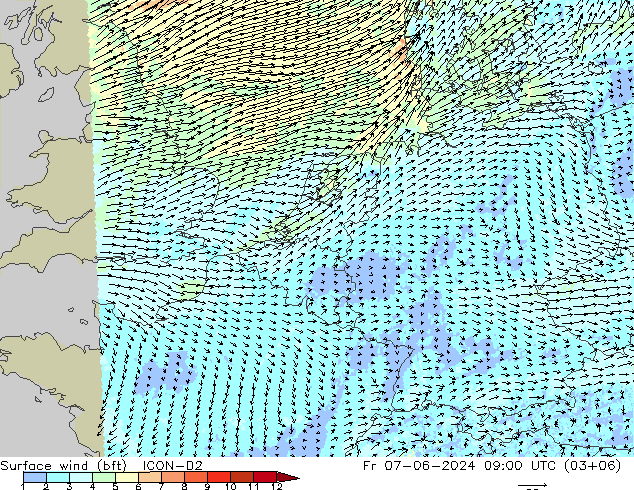 Vent 10 m (bft) ICON-D2 ven 07.06.2024 09 UTC
