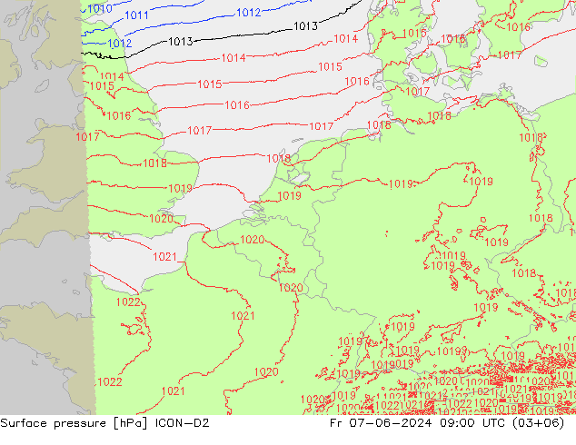 Surface pressure ICON-D2 Fr 07.06.2024 09 UTC