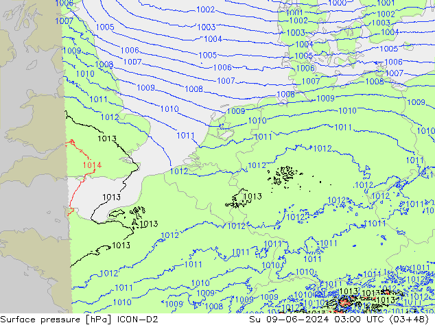 Surface pressure ICON-D2 Su 09.06.2024 03 UTC