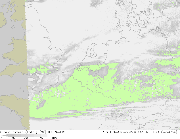 Cloud cover (total) ICON-D2 Sa 08.06.2024 03 UTC