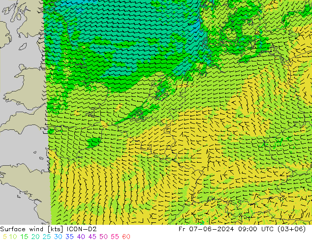 Surface wind ICON-D2 Fr 07.06.2024 09 UTC