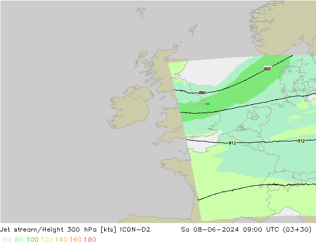 Jet stream/Height 300 hPa ICON-D2 Sa 08.06.2024 09 UTC