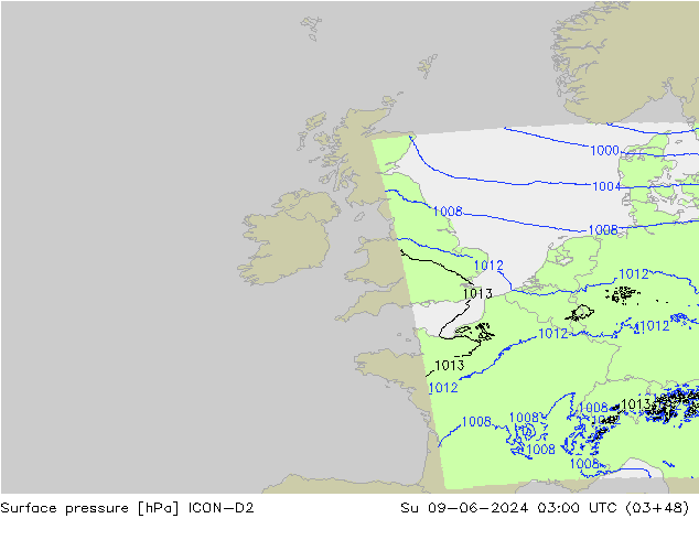 Surface pressure ICON-D2 Su 09.06.2024 03 UTC