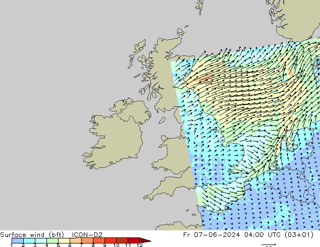 Surface wind (bft) ICON-D2 Pá 07.06.2024 04 UTC