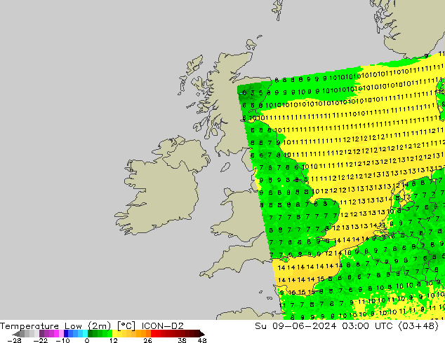 Temp. minima (2m) ICON-D2 dom 09.06.2024 03 UTC