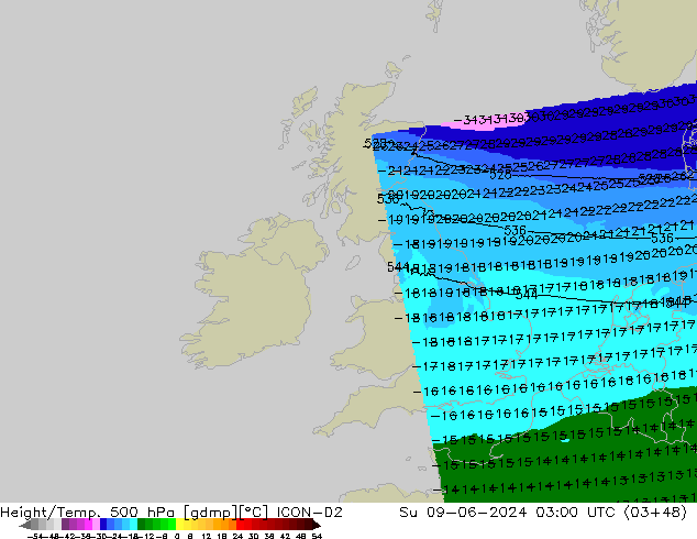 Height/Temp. 500 hPa ICON-D2 dom 09.06.2024 03 UTC