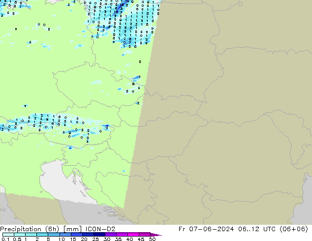 Precipitación (6h) ICON-D2 vie 07.06.2024 12 UTC