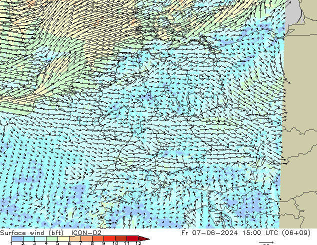 Vento 10 m (bft) ICON-D2 Sex 07.06.2024 15 UTC