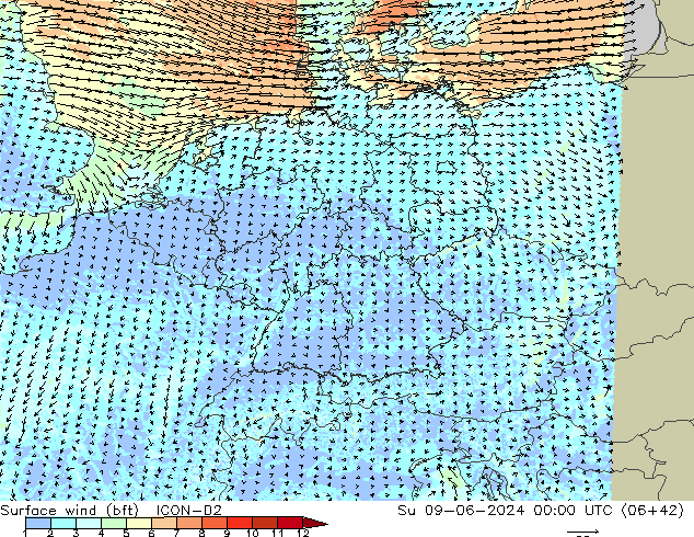 Wind 10 m (bft) ICON-D2 zo 09.06.2024 00 UTC