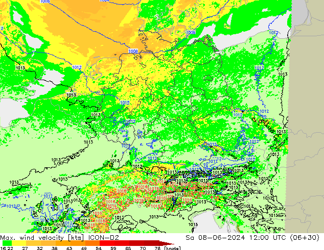 Max. wind velocity ICON-D2 Sa 08.06.2024 12 UTC