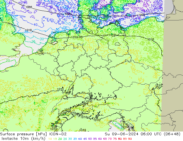 Isotachen (km/h) ICON-D2 zo 09.06.2024 06 UTC