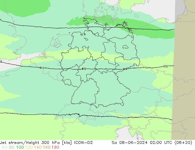 Jet stream ICON-D2 Sáb 08.06.2024 02 UTC