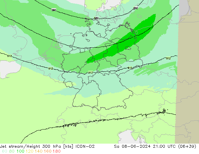 Jet stream/Height 300 hPa ICON-D2 So 08.06.2024 21 UTC