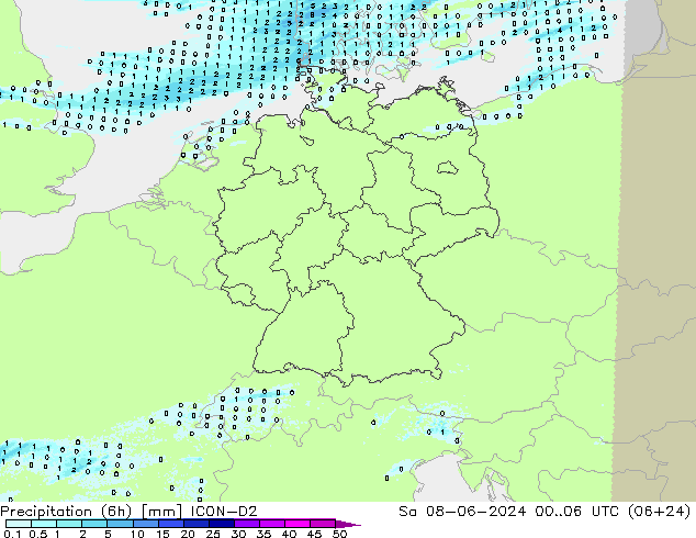 Précipitation (6h) ICON-D2 sam 08.06.2024 06 UTC