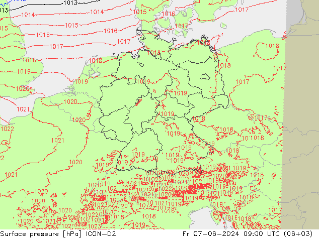 pression de l'air ICON-D2 ven 07.06.2024 09 UTC