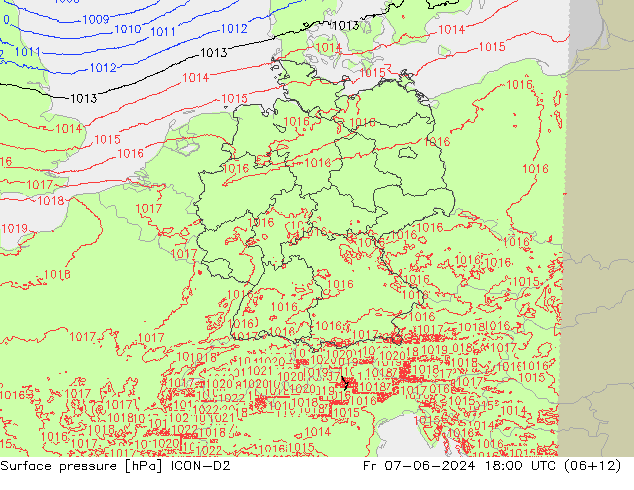 Atmosférický tlak ICON-D2 Pá 07.06.2024 18 UTC