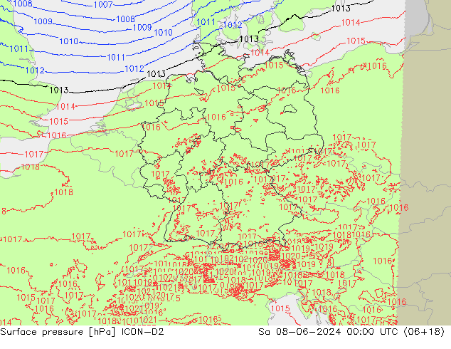 Atmosférický tlak ICON-D2 So 08.06.2024 00 UTC