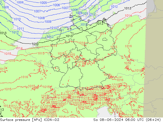 Atmosférický tlak ICON-D2 So 08.06.2024 06 UTC