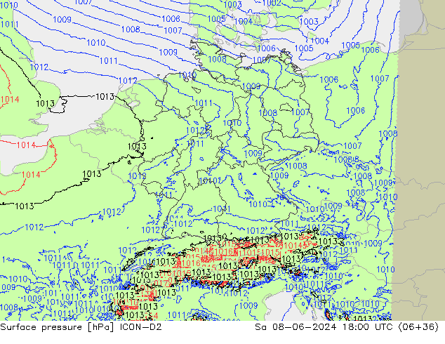 Surface pressure ICON-D2 Sa 08.06.2024 18 UTC