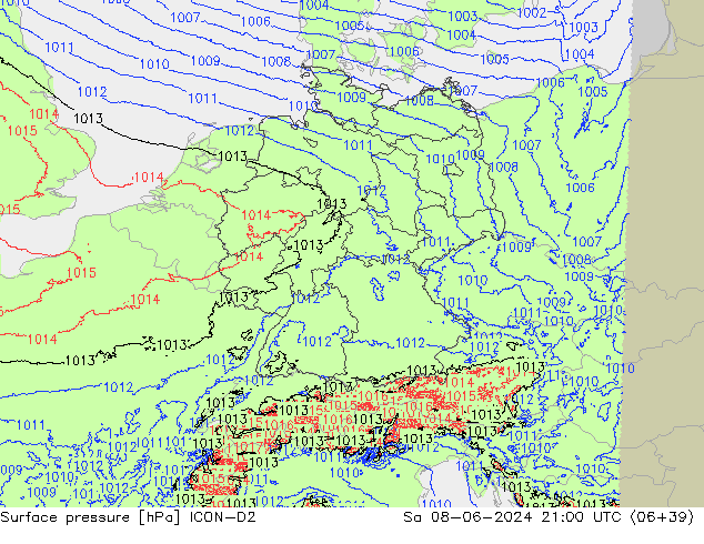 Surface pressure ICON-D2 Sa 08.06.2024 21 UTC